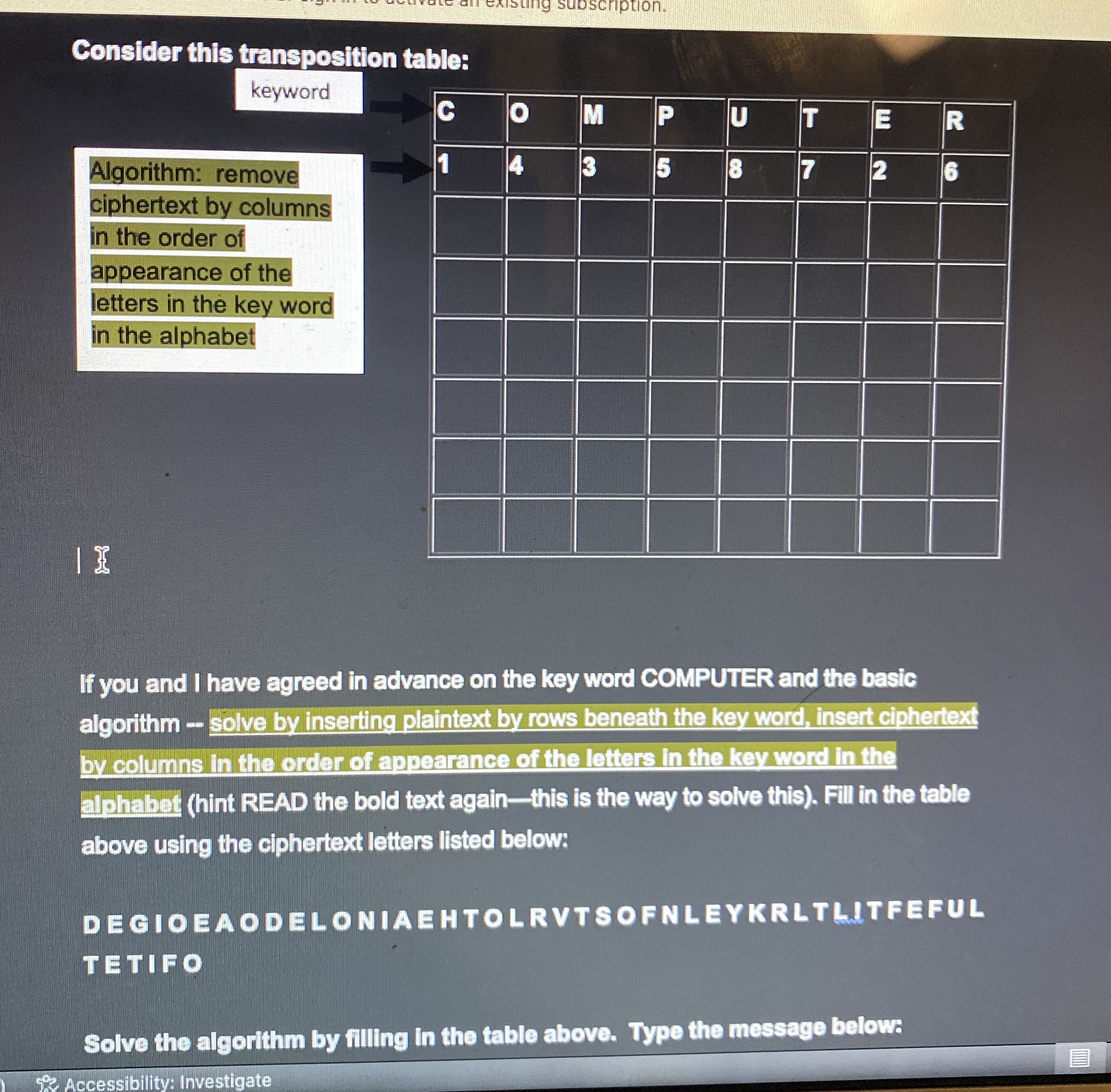 Consider this transposition table: keyword