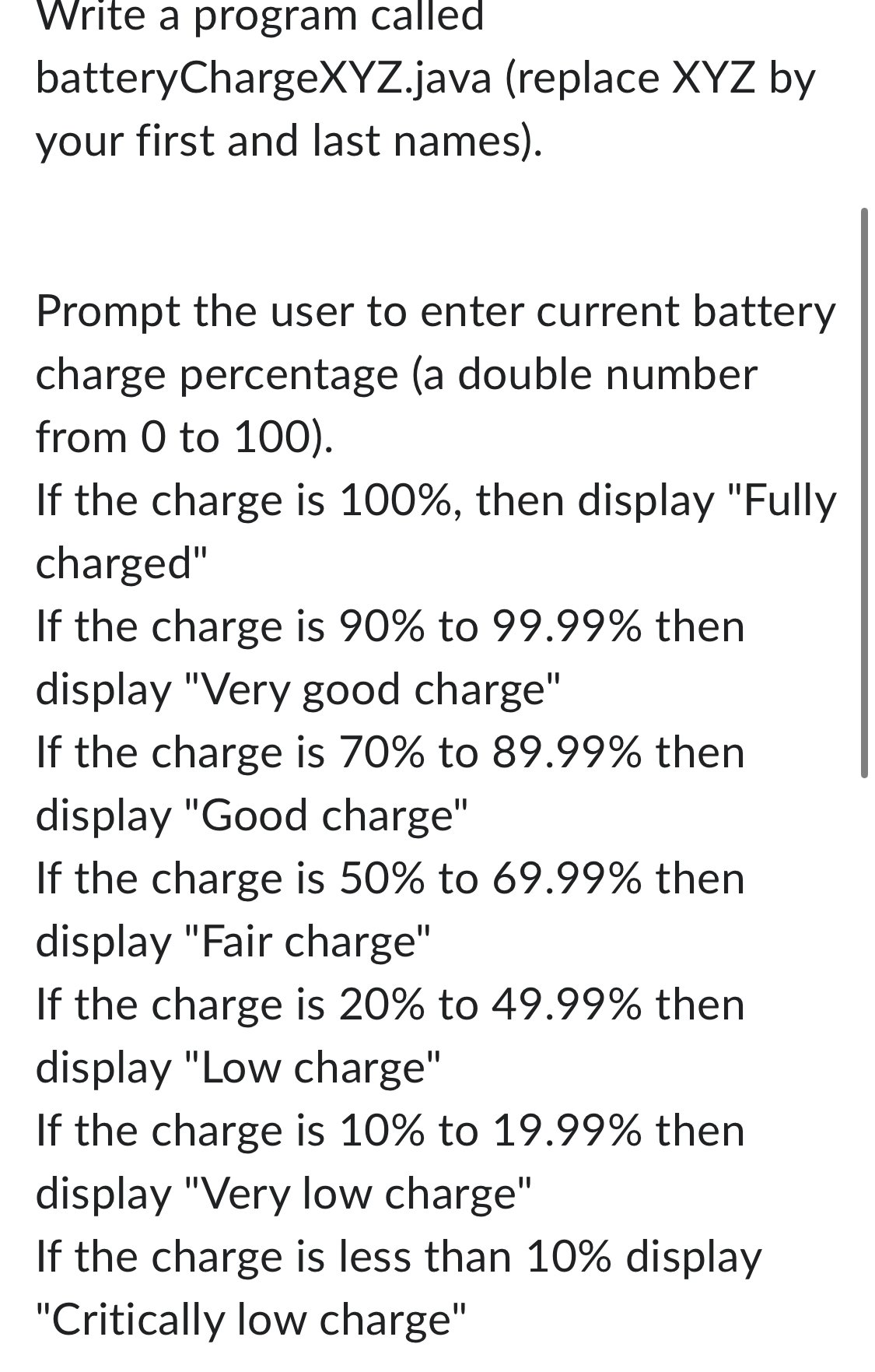 Please make a java program named batteryCharge