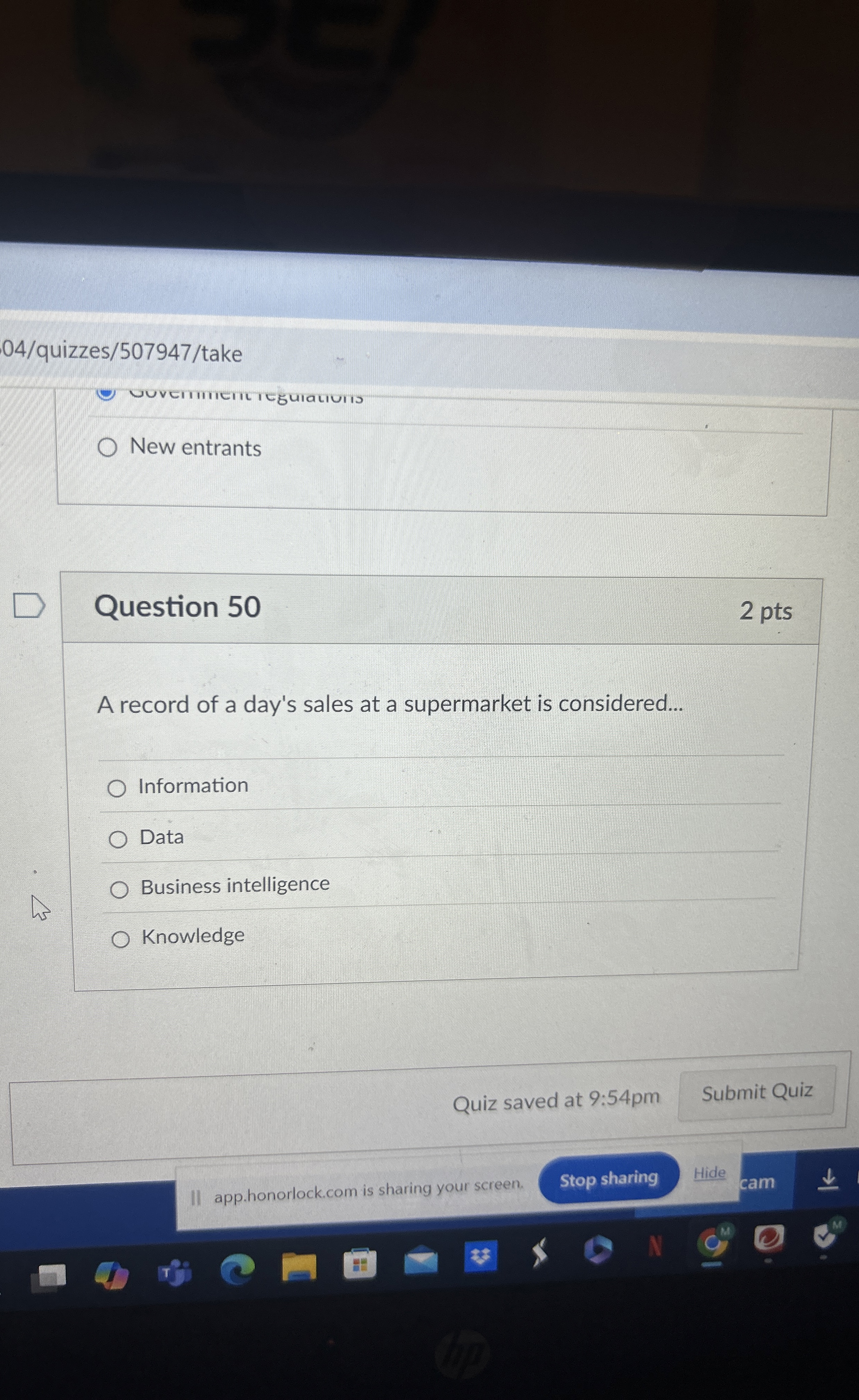Question 5 0 A record of a day's sales at a