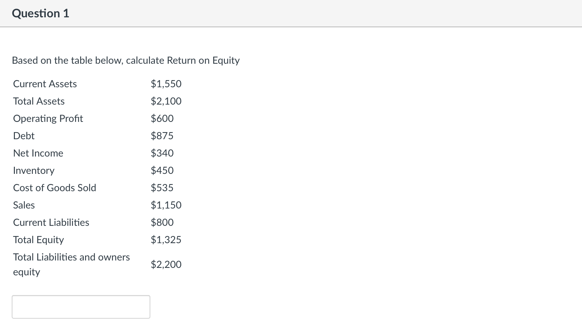 Question 1 Based on the table below, calculate