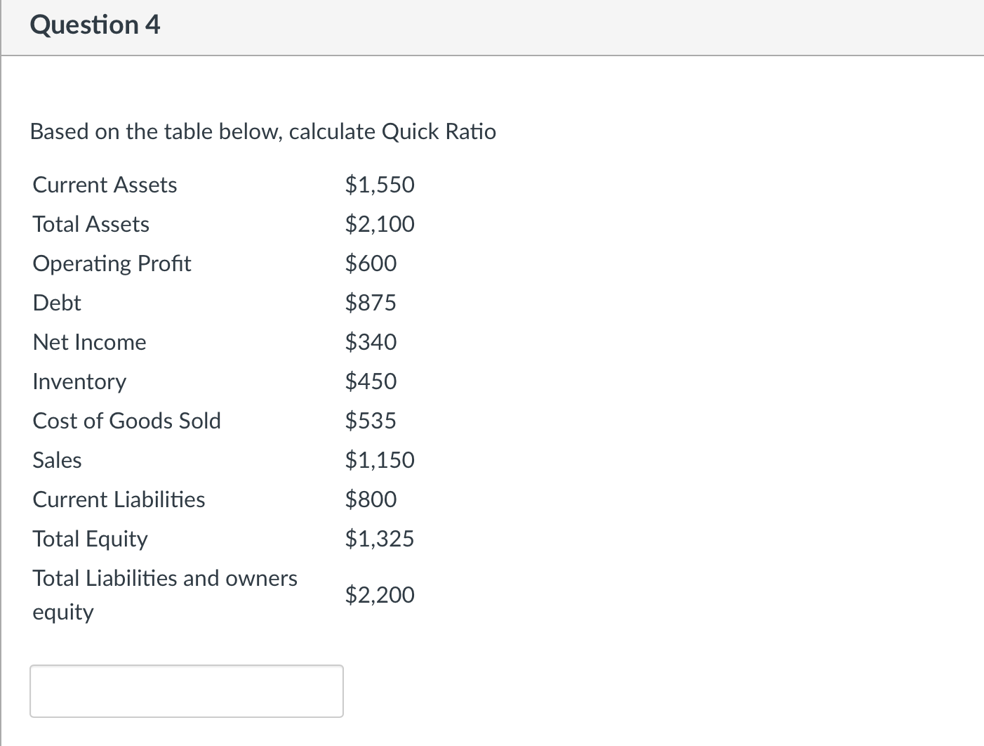 Question 1 Based on the table below, calculate