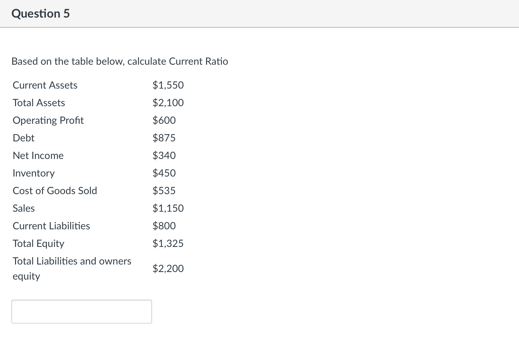 Question 1 Based on the table below, calculate
