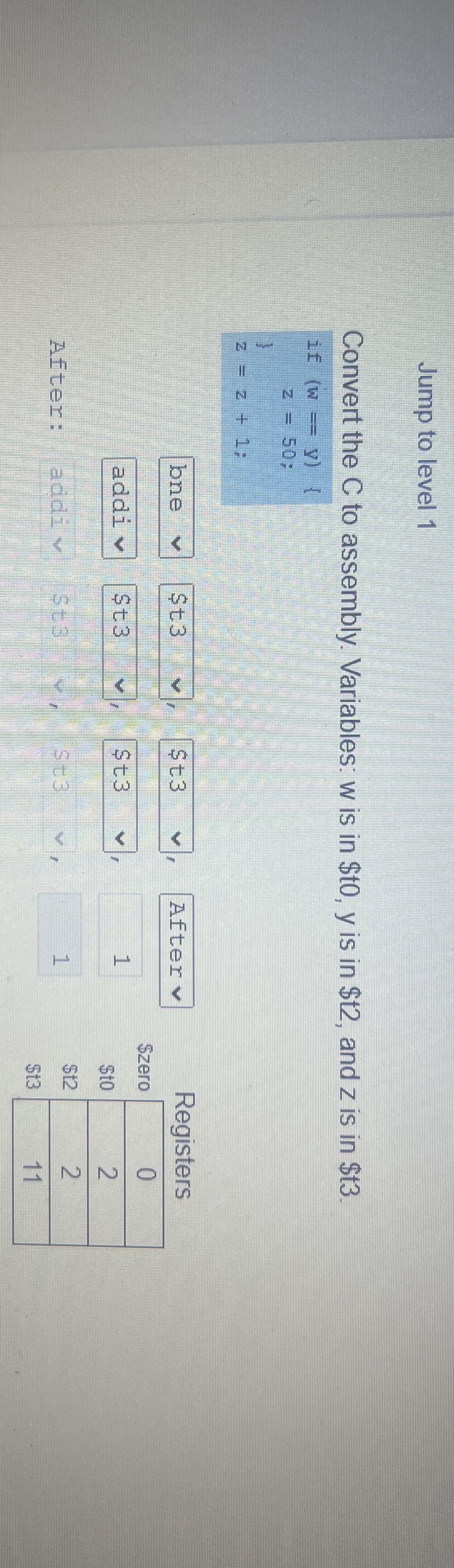 Jump to level 1 Convert the C to assembly.
