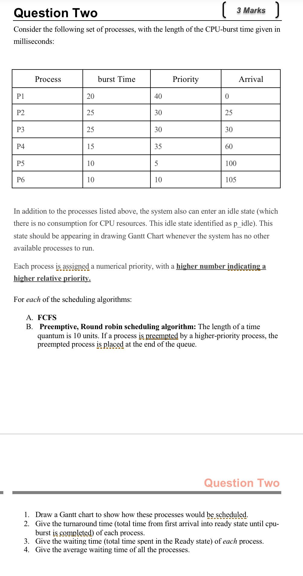 Consider the following set of processes, with the