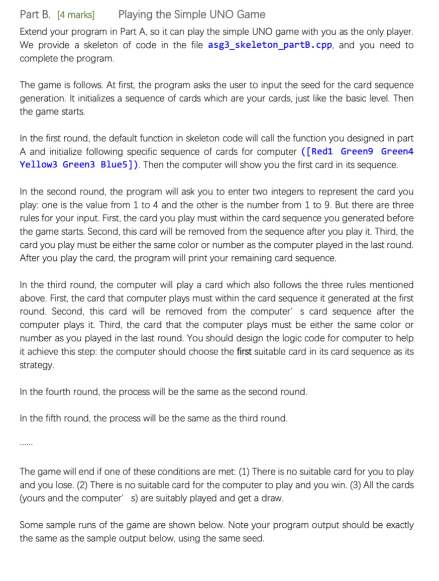 Part B . [ 4 marks ] Playing the Simple UNO Game