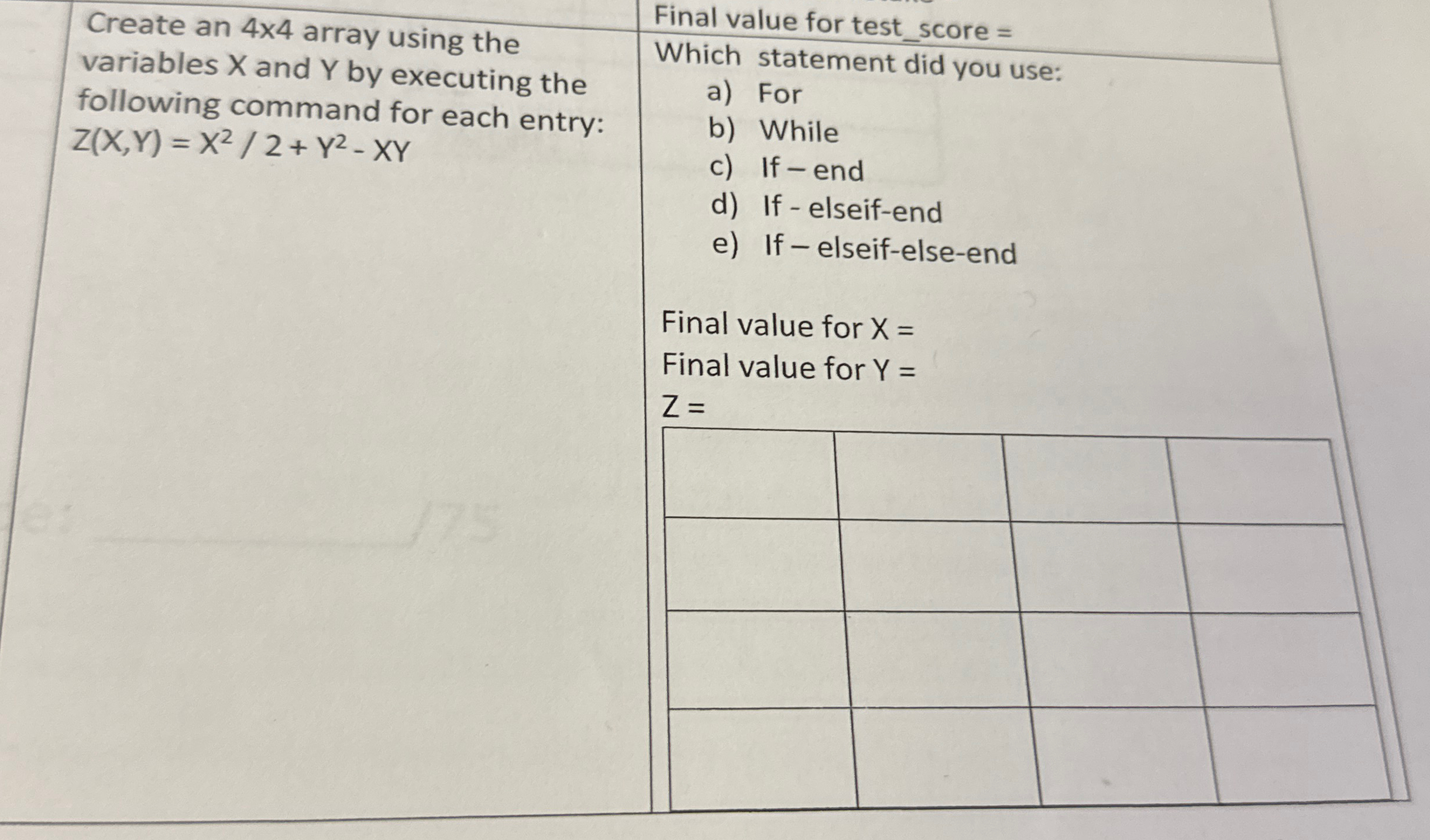 Create an 4 4 array using the variables x and Y