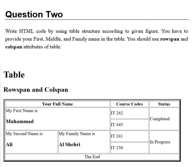 Q: Write HTML code by using table structure