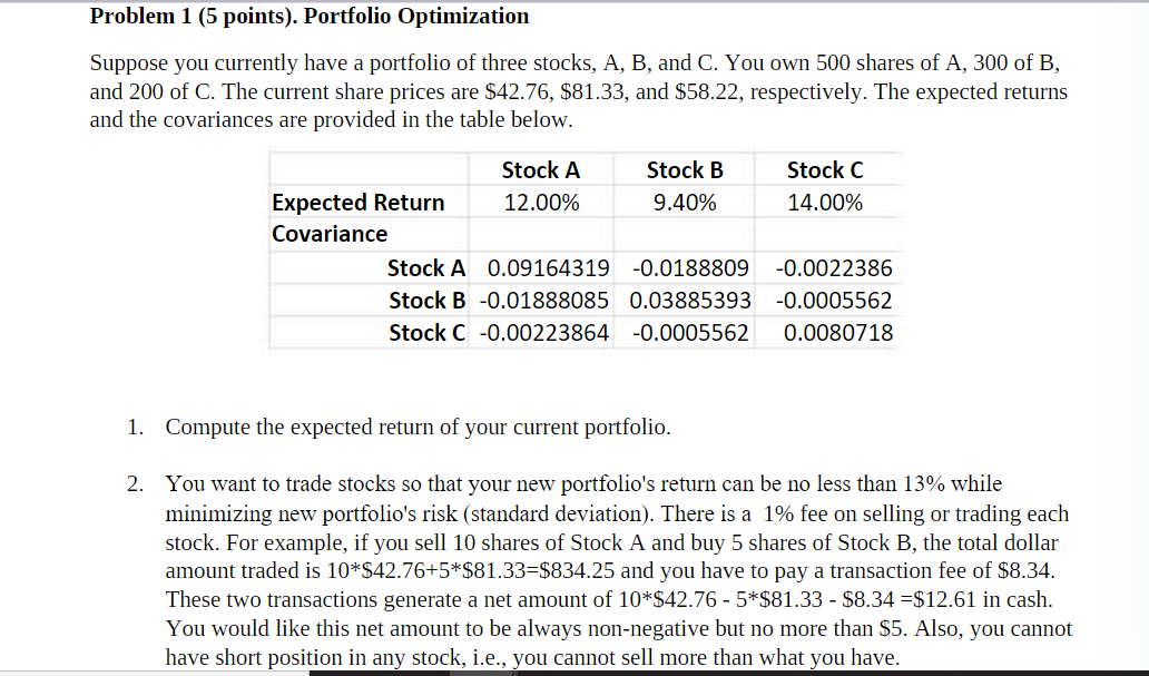 Problem 1 (5 points). Portfolio Optimization