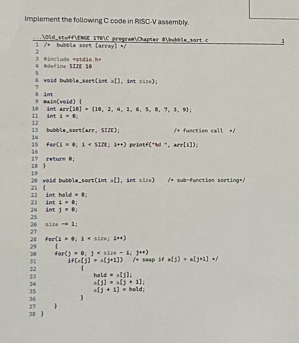 Implement the following C code in RISC - V