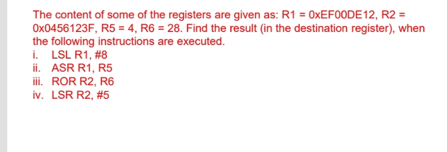 The content of some of the registers are given