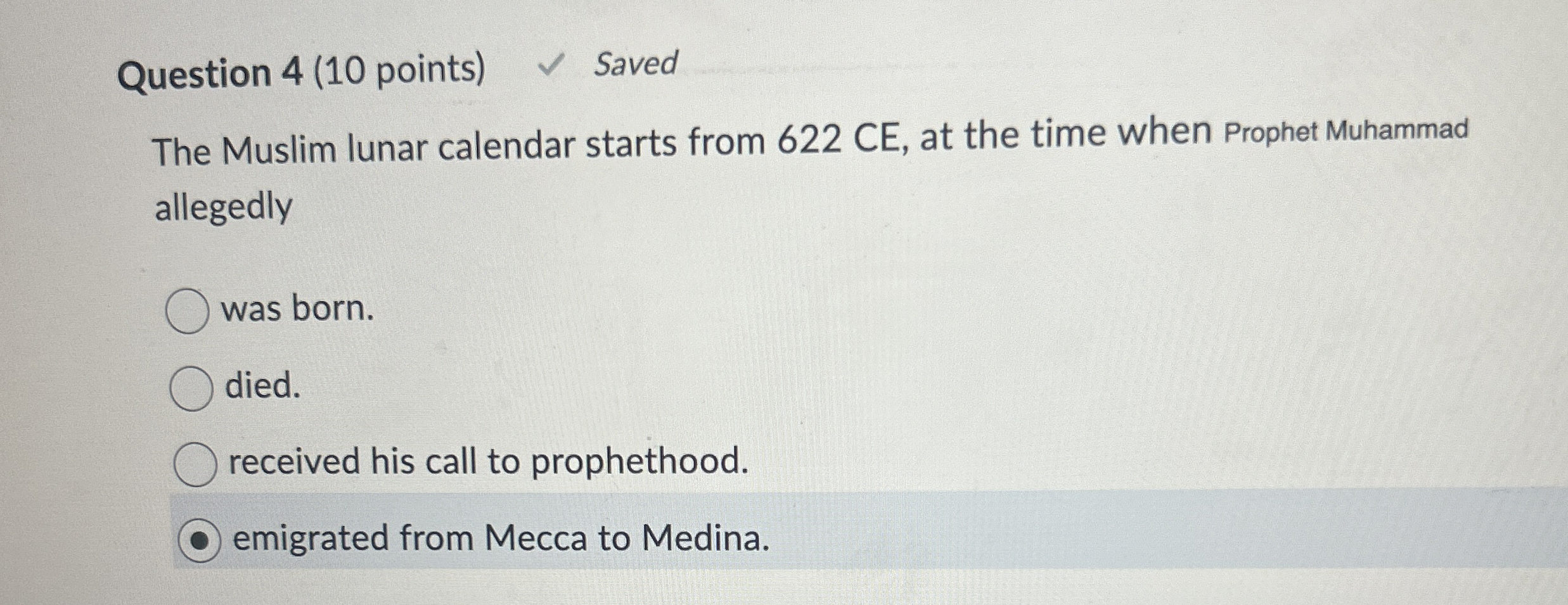 Question 4 ( 1 0 points ) Saved The Muslim lunar