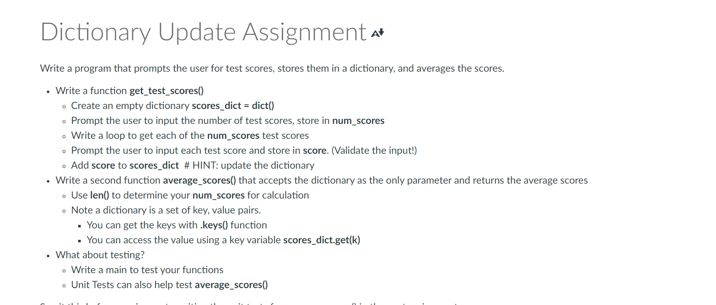 Dictionary Update Assignment a Write a program