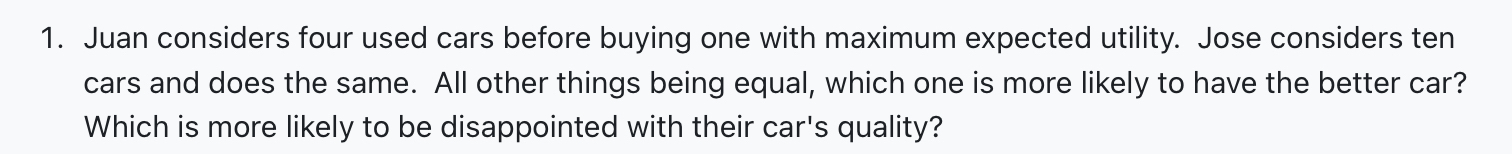 Juan considers four used cars before buying one