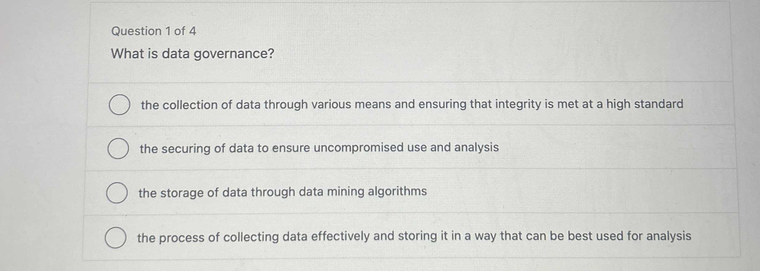 Question 1 of 4 What is data governance? the