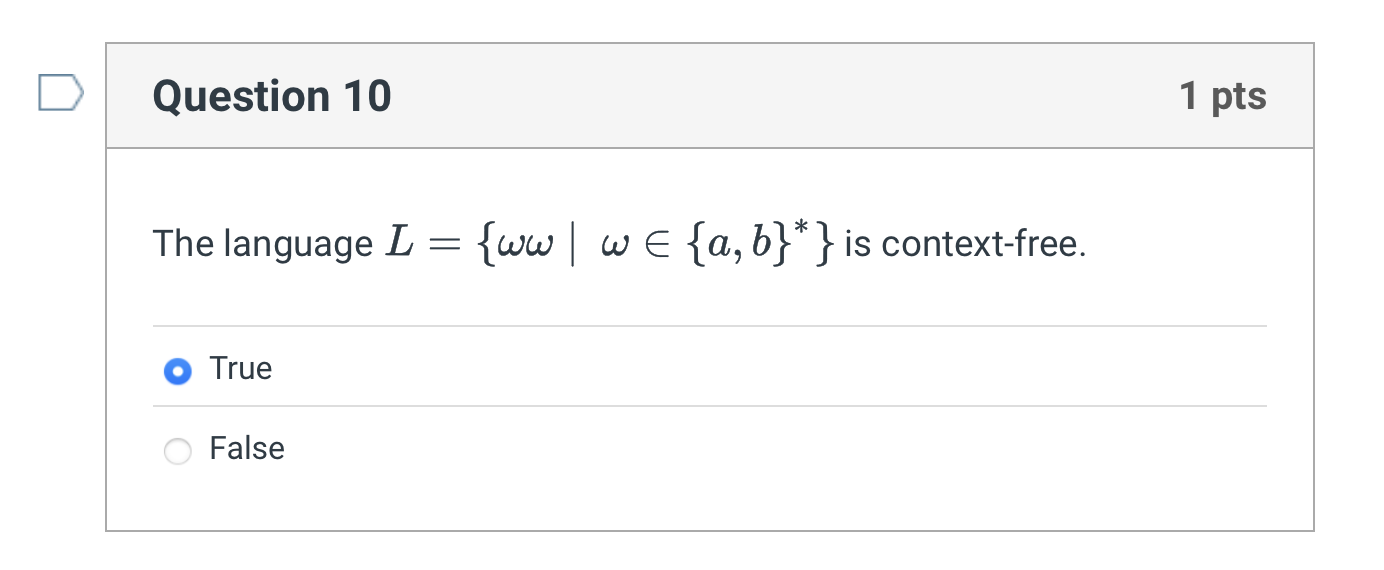 Question 1 0 1 pts The language L = { \ omega \