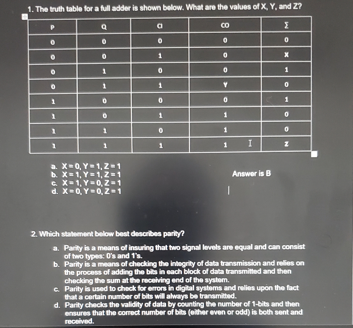 The truth table for a full adder is shown below.
