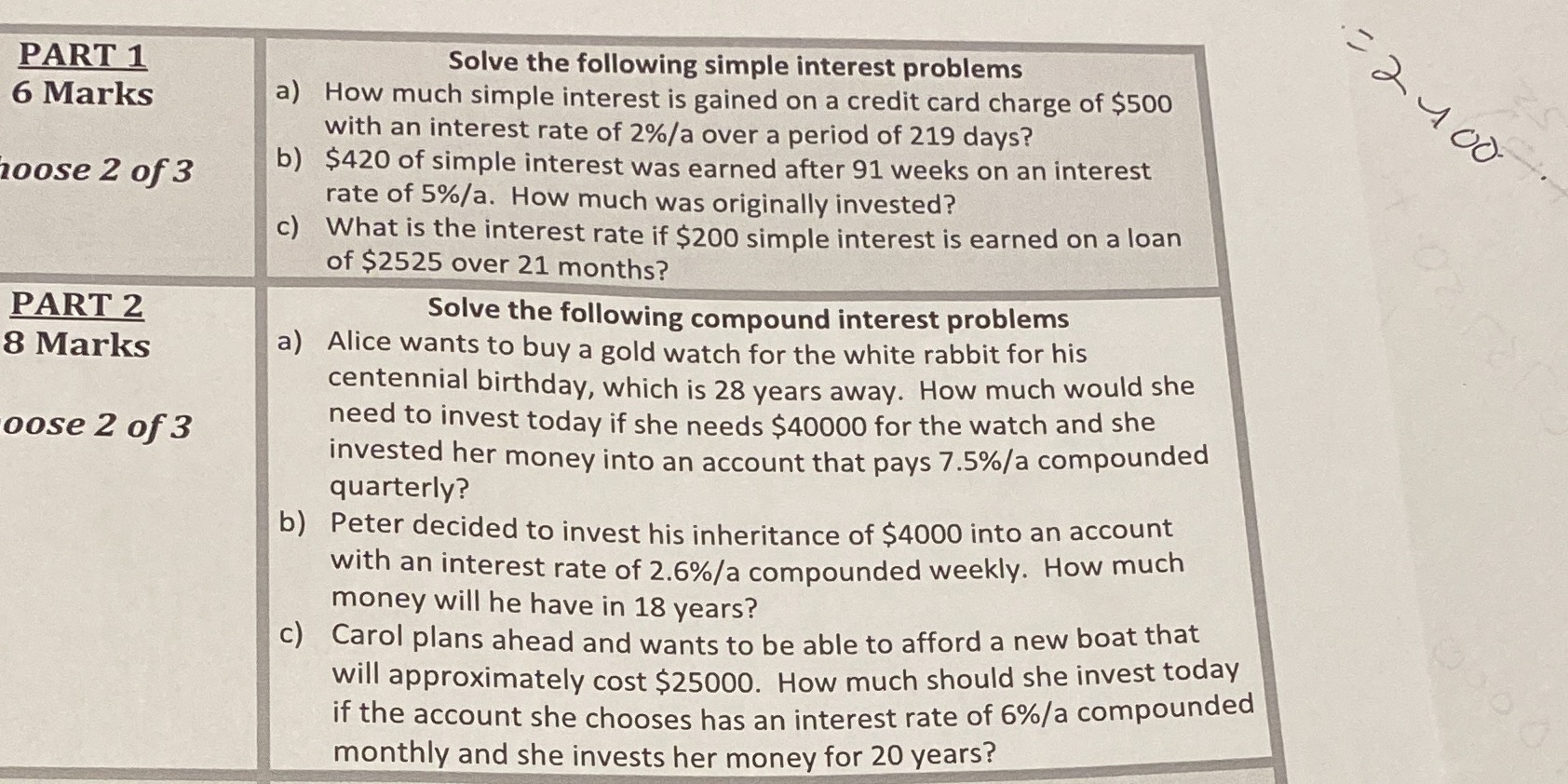 PART 1 Solve the following simple interest