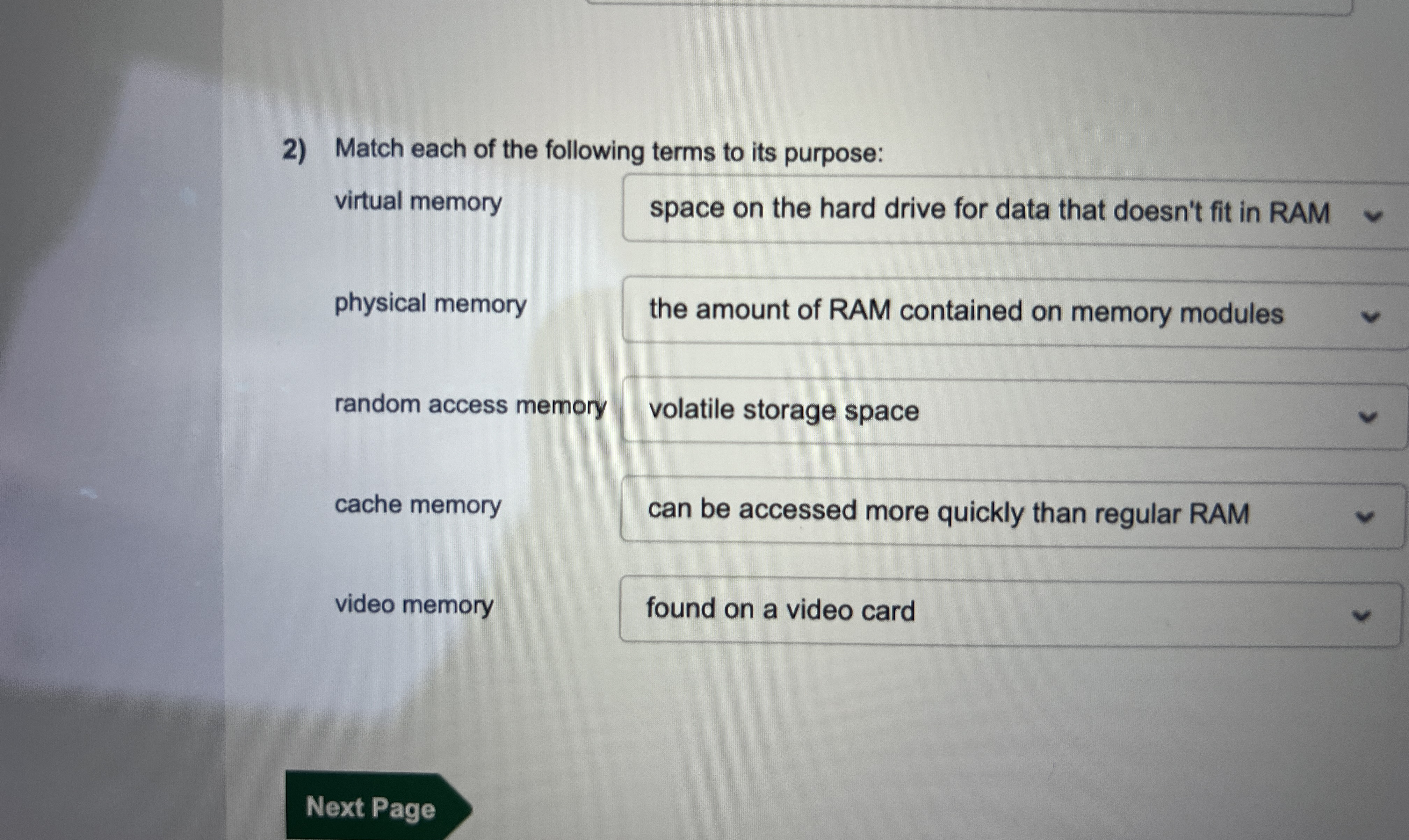 Match each of the following terms to its purpose: