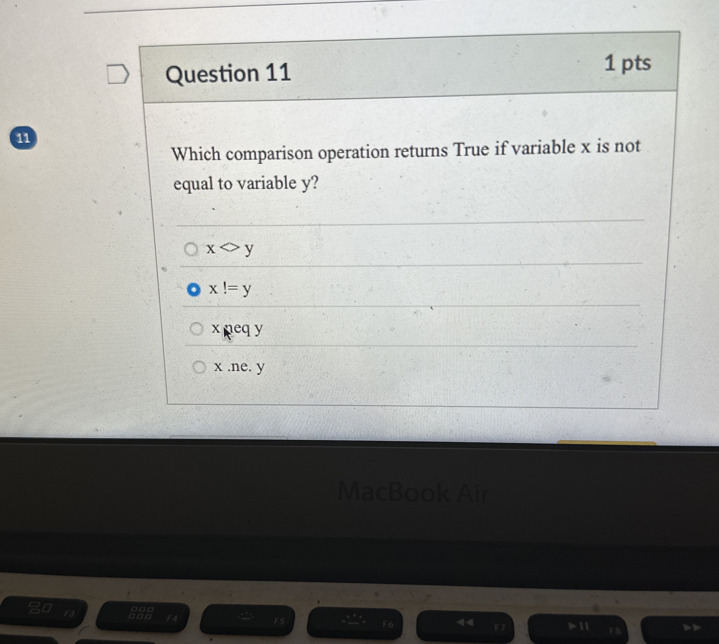 Question 1 1 Which comparison operation returns