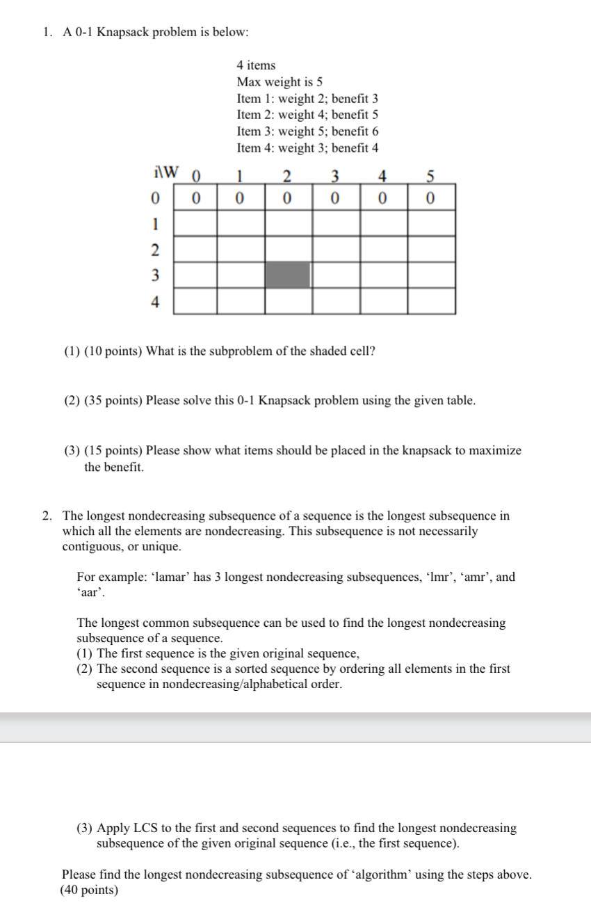 1 . A 0 - 1 Knapsack problem is below: 4 items