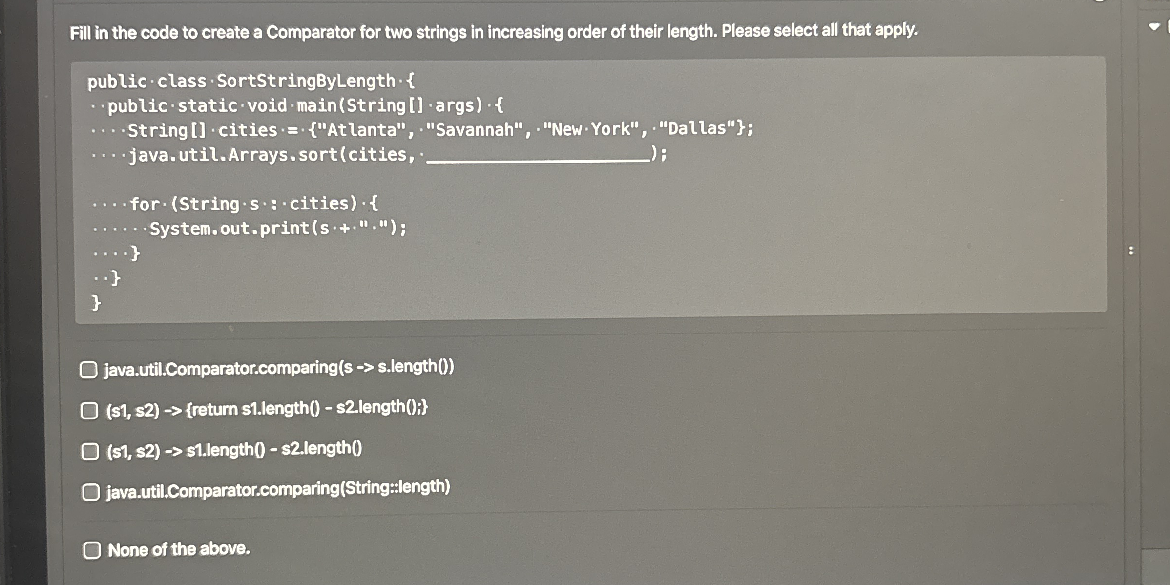 Fill in the code to create a Comparator for two