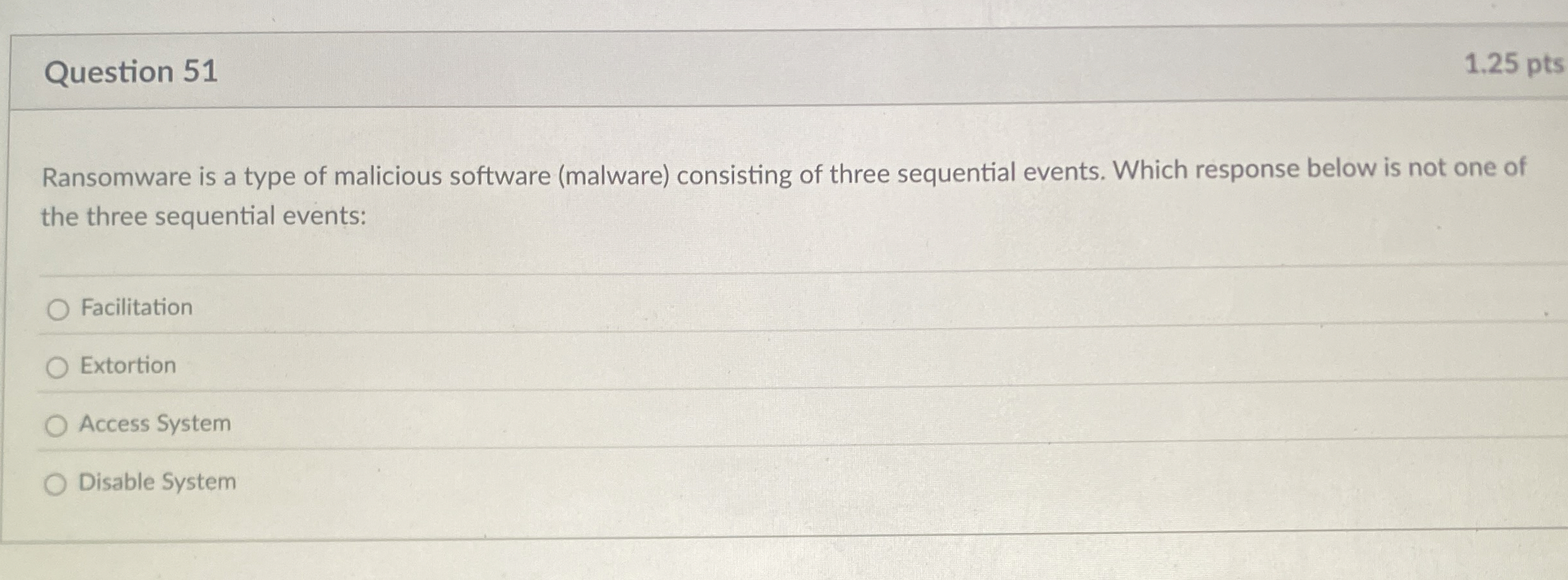 Question 5 1 1 . 2 5 pts Ransomware is a type of