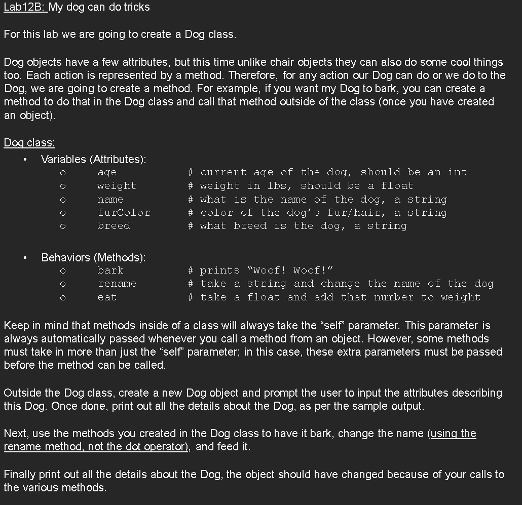 Solve in Python Please. Lab 1 2 B: My dog can do