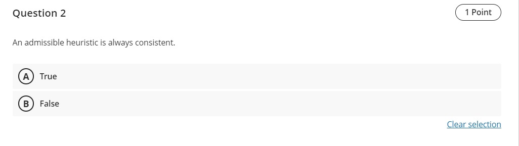 Question 2 An admissible heuristic is always