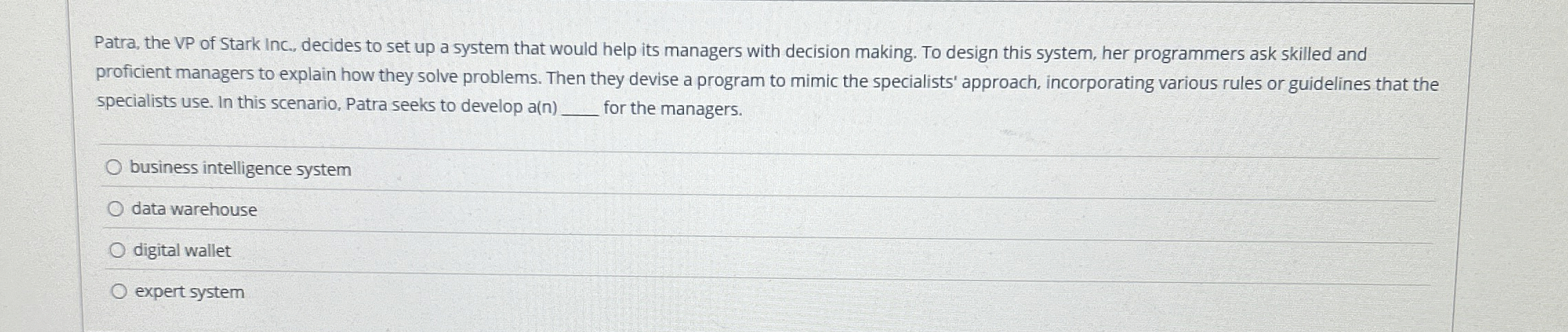 Patra, the VP of Stark Inc., decides to set up a