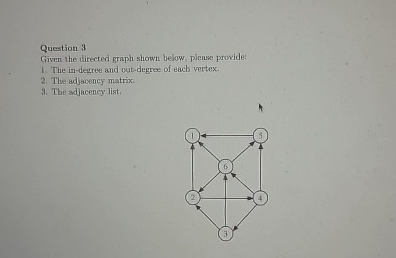 Question 3 Given the directed graph shown below,