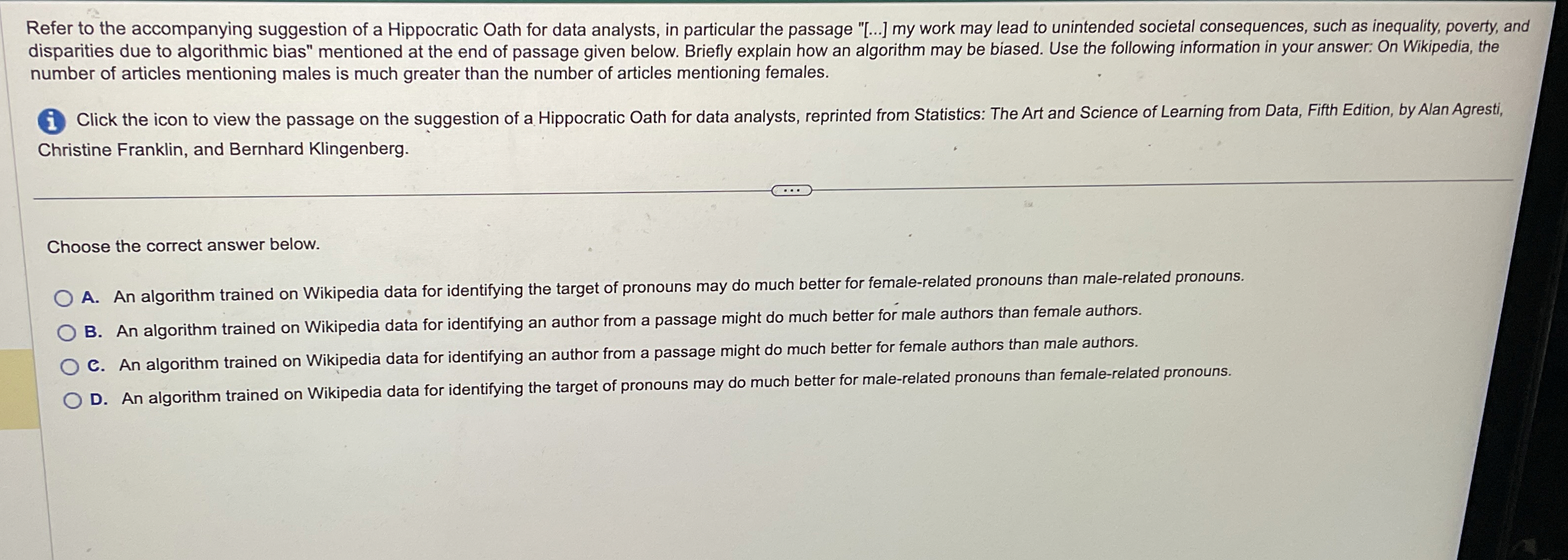 Choose the correct answer below. A . An algorithm