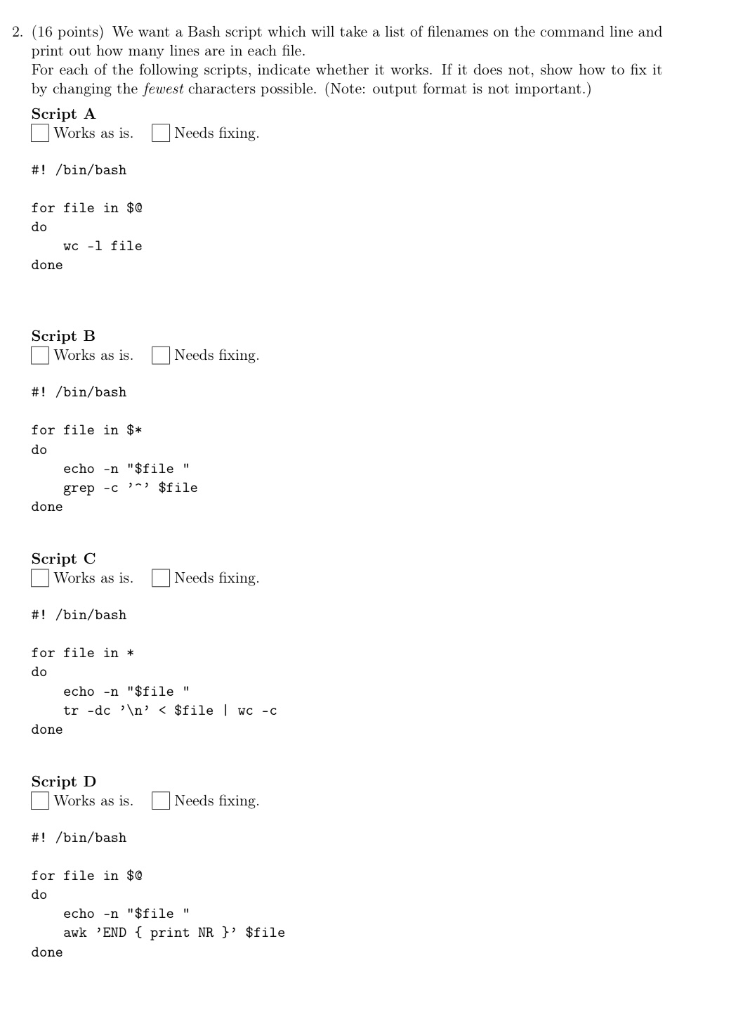 ( 1 6 points ) We want a Bash script which will