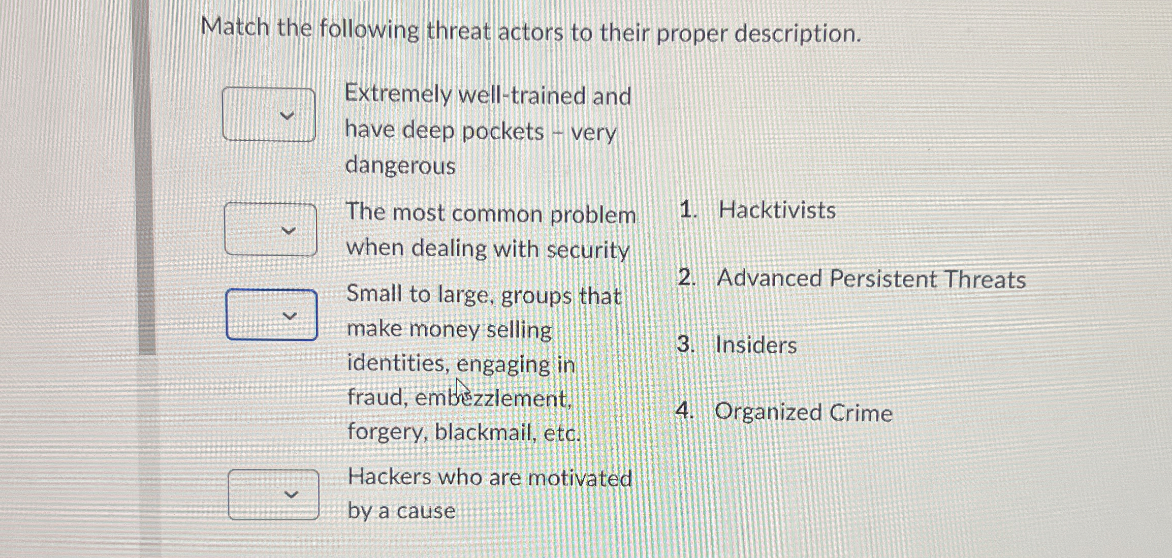 Match the following threat actors to their proper