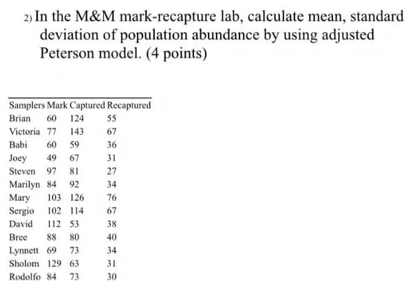 2) In the M&M mark-recapture lab, calculate mean,
