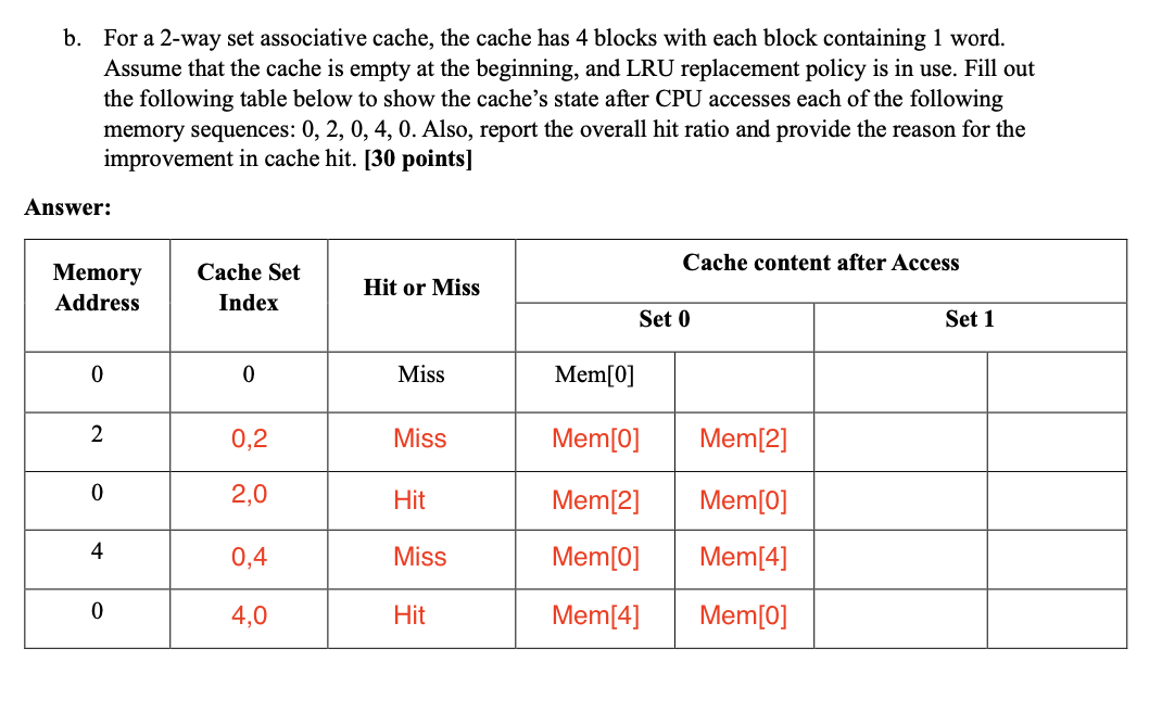 b . For a 2 - way set associative cache, the
