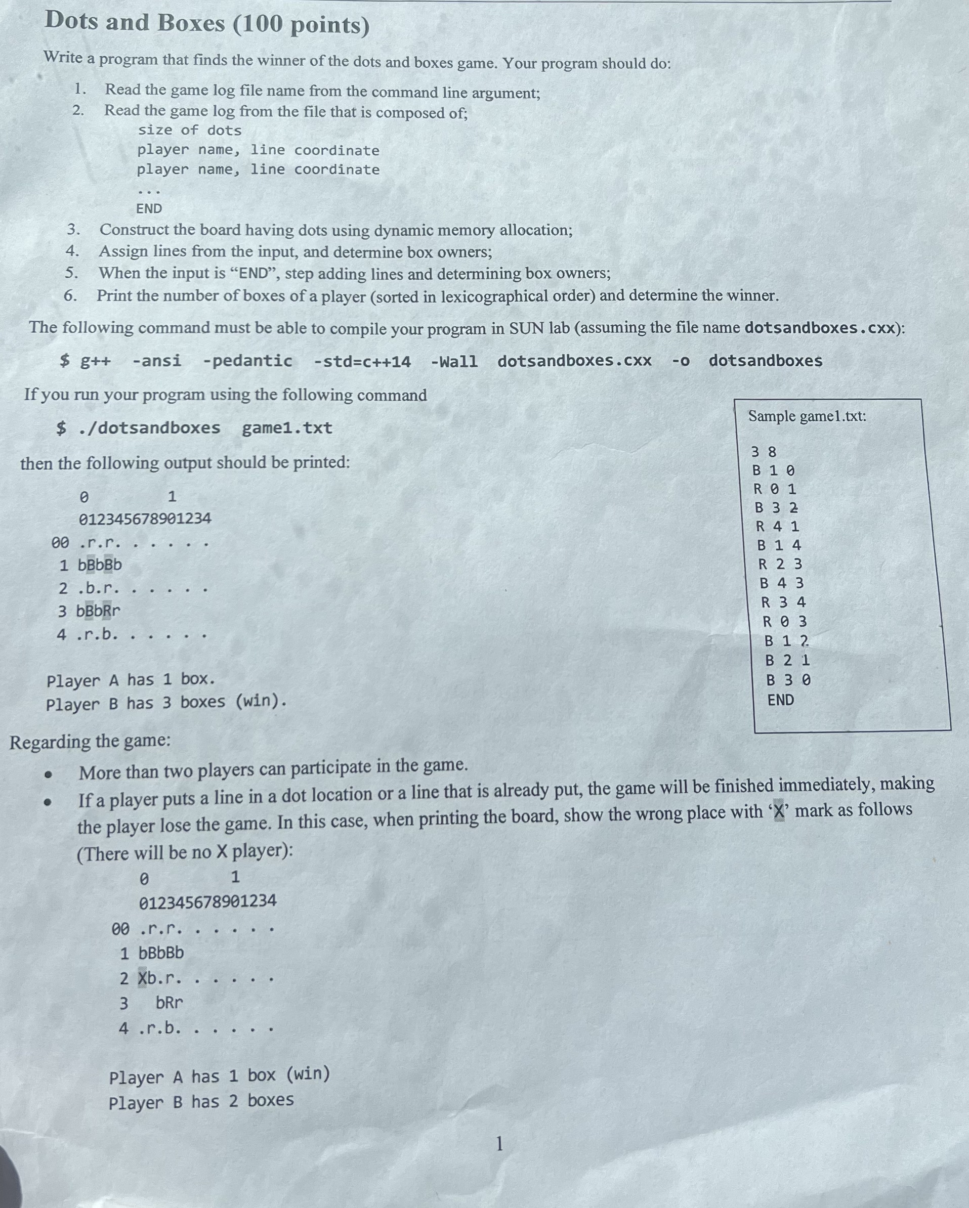 Dots and Boxes ( 1 0 0 points ) Write a program