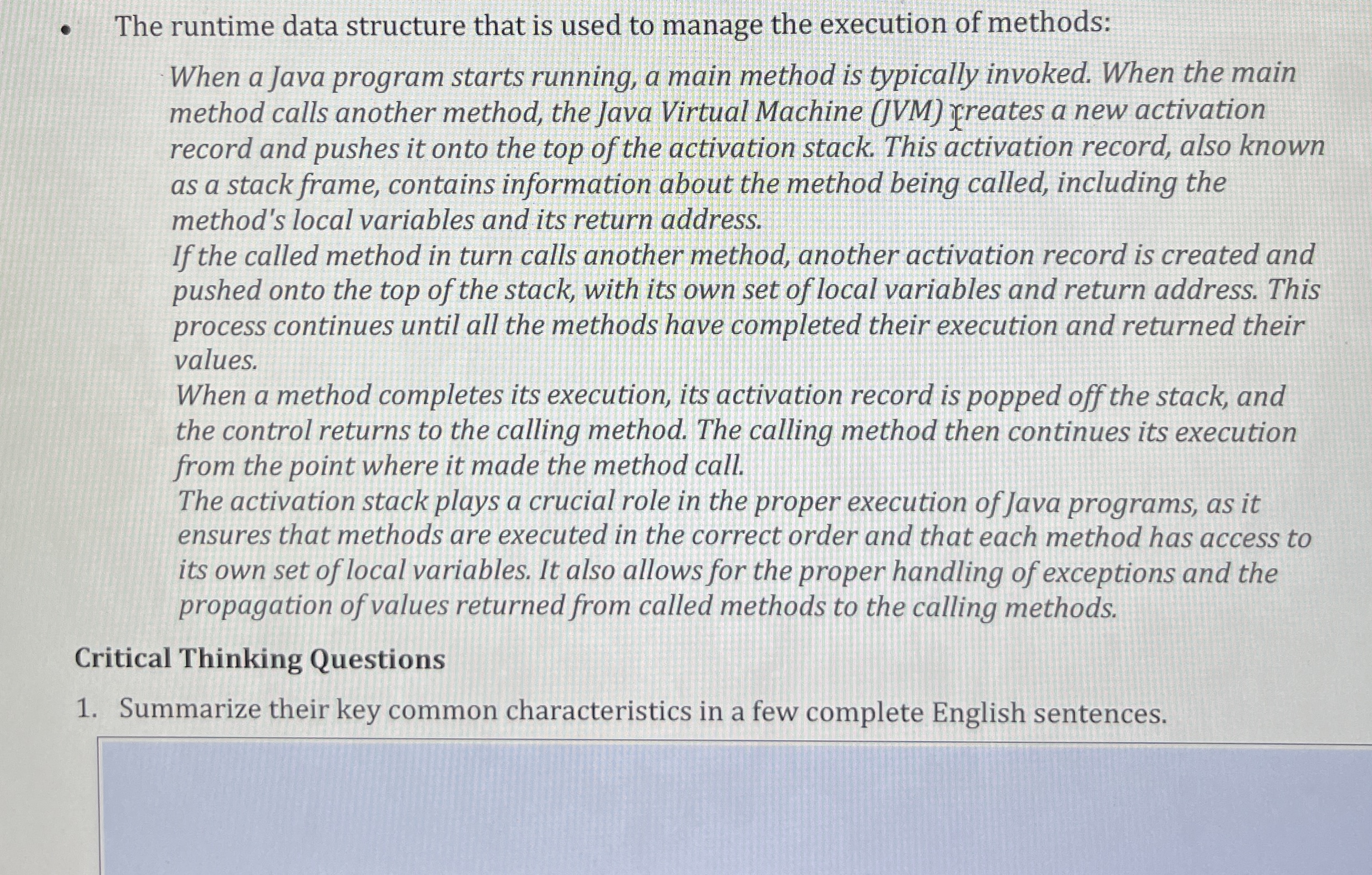 The runtime data structure that is used to manage