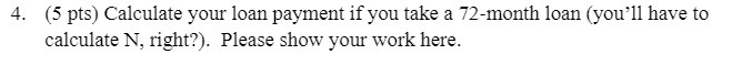 4. (5 pts) Calculate your loan payment if you