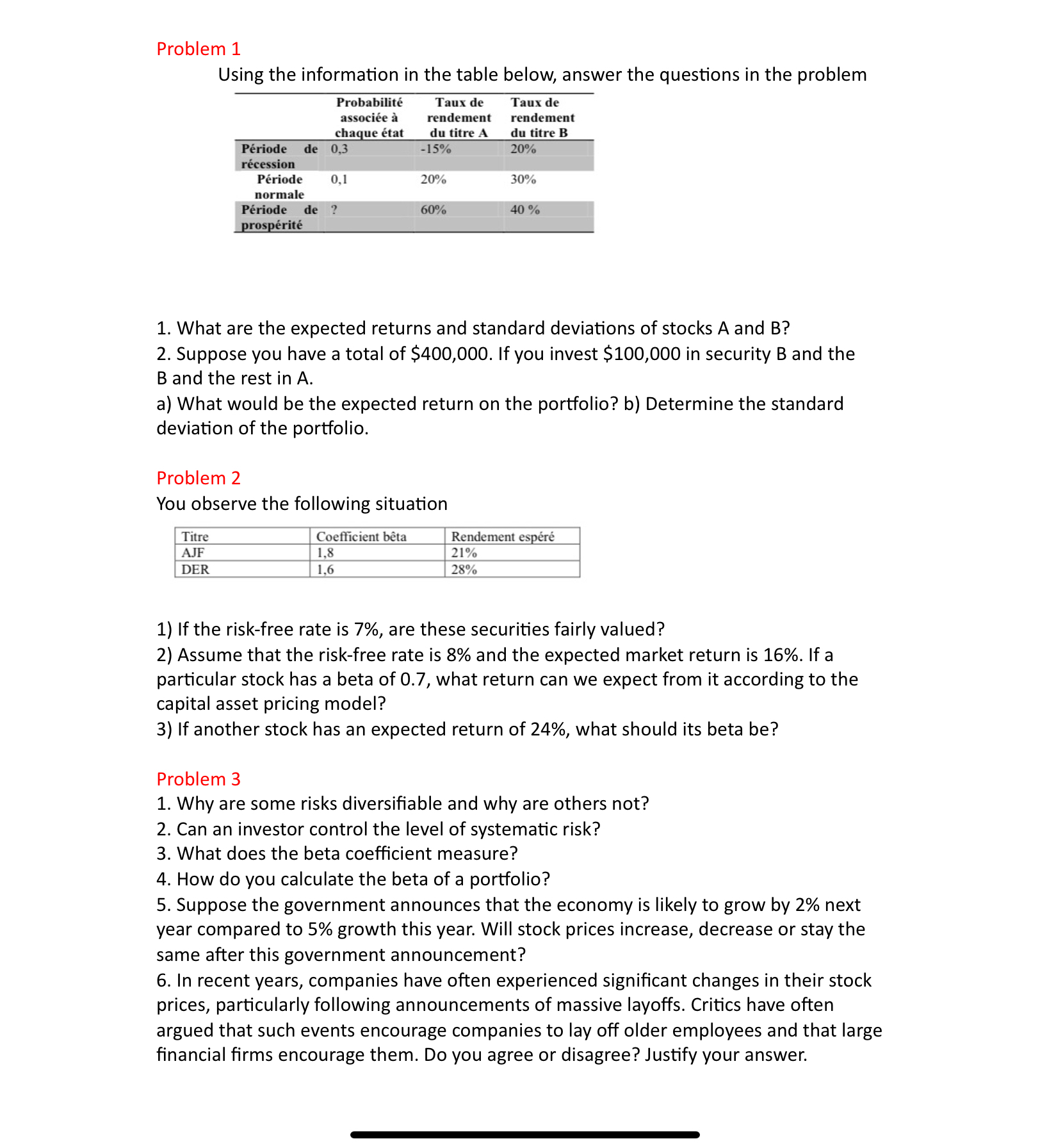 Problem 1 Using the information in the table