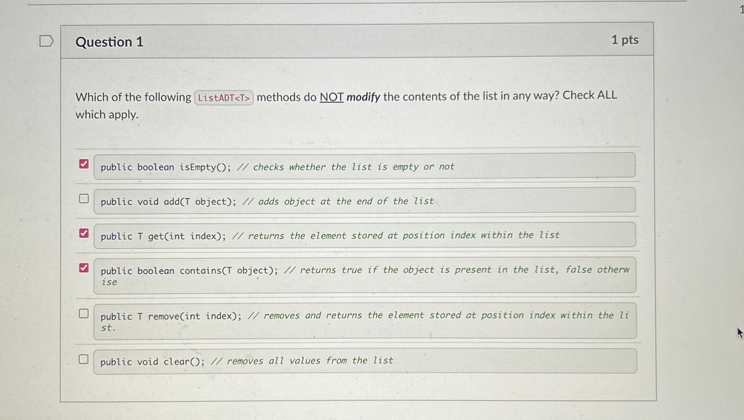 Question 1 1 pts Which of the following methods