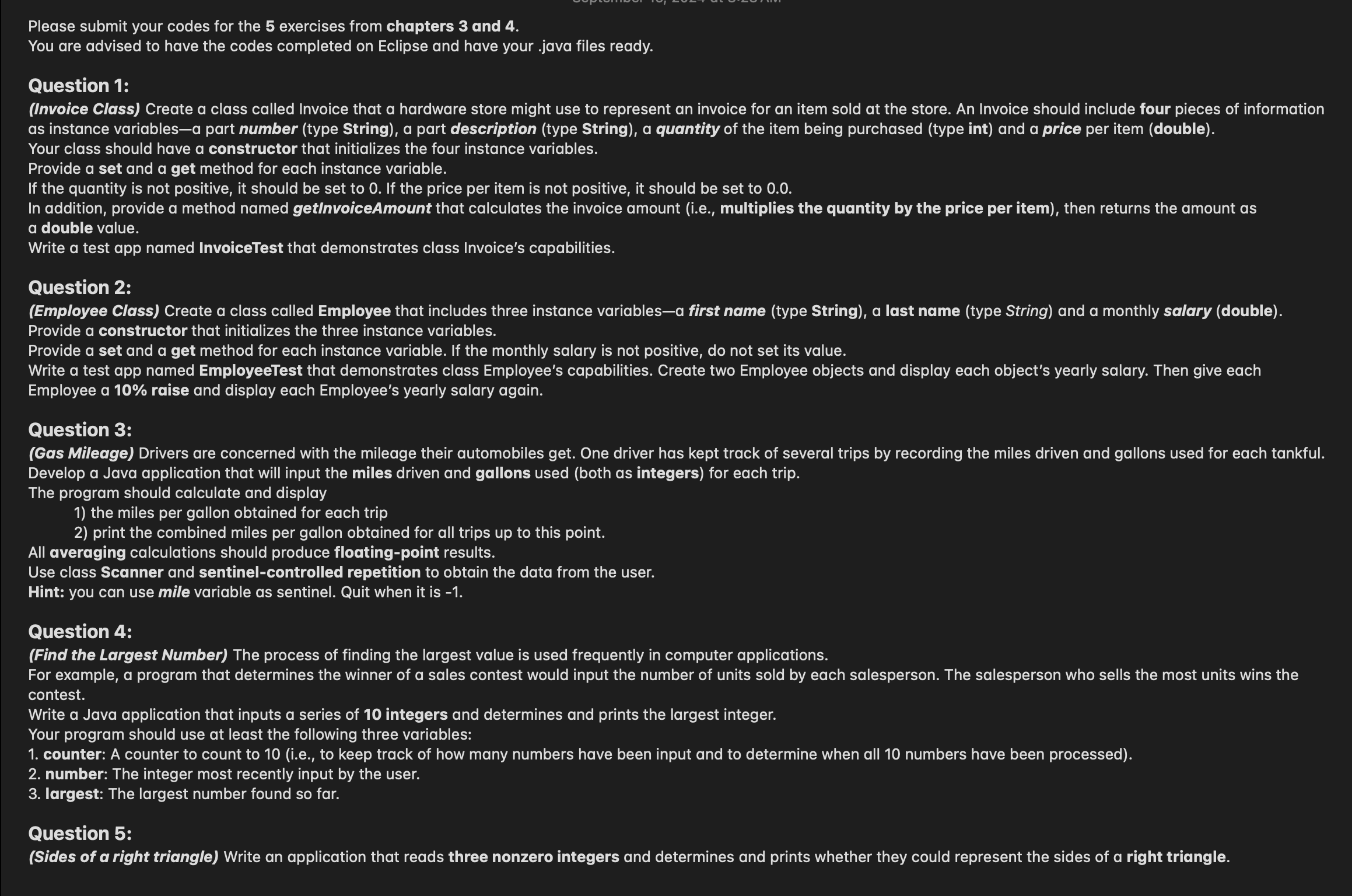 Please submit your codes for the 5 exercises from