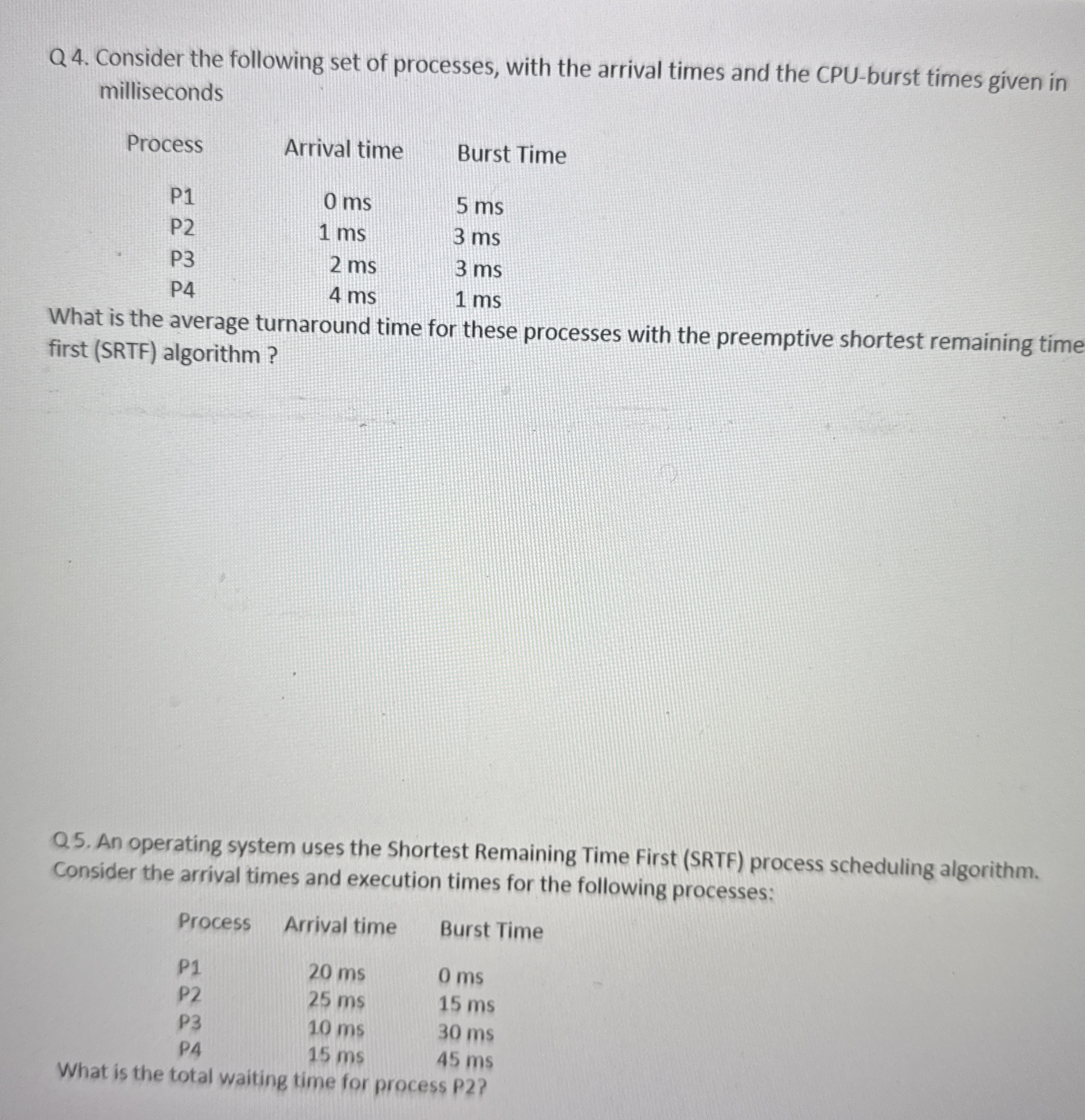 Q 4 . Consider the following set of processes,