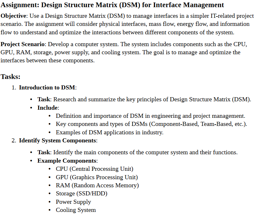 Assignment: Design Structure Matrix ( DSM ) for