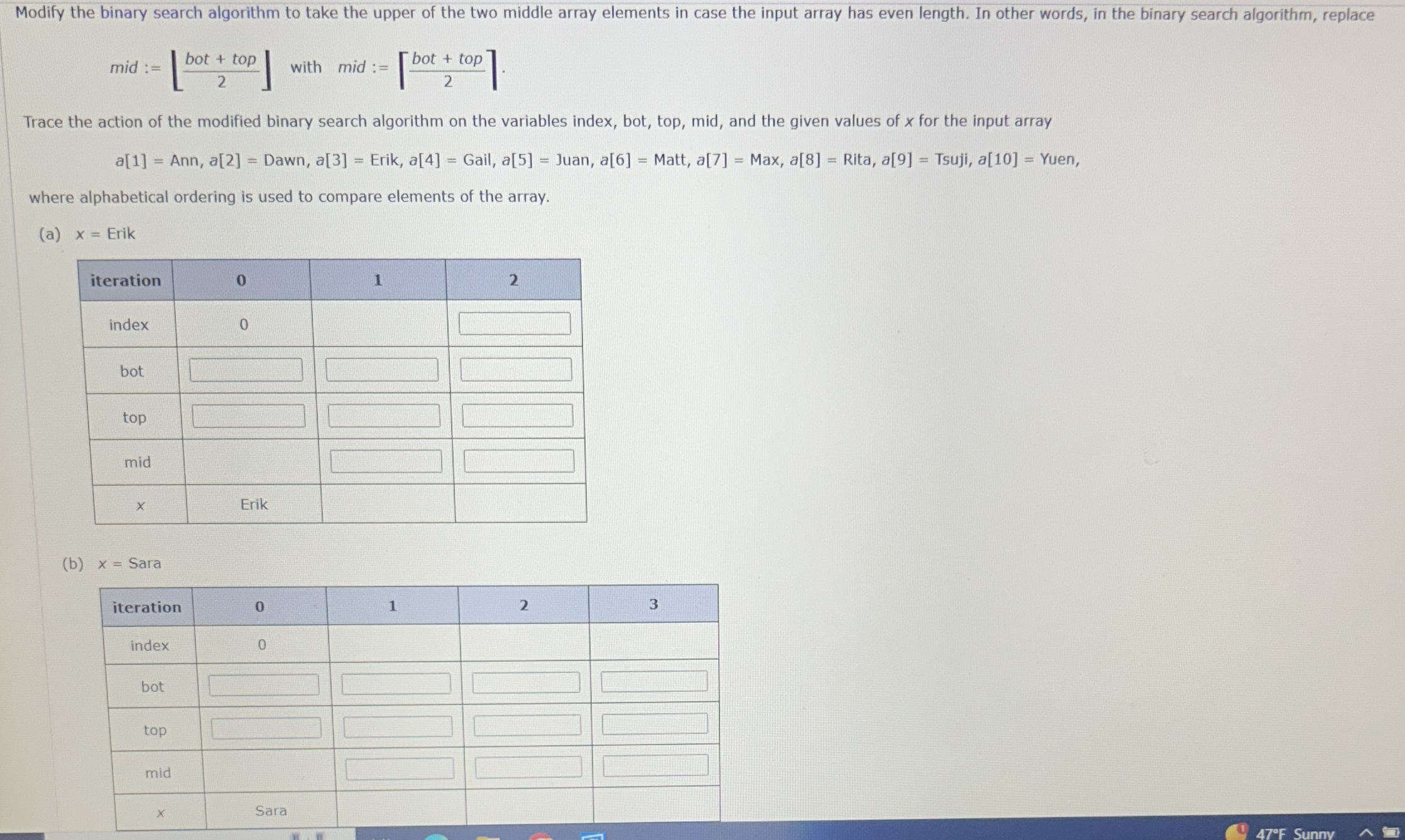 Modify the binary search algorithm to take the