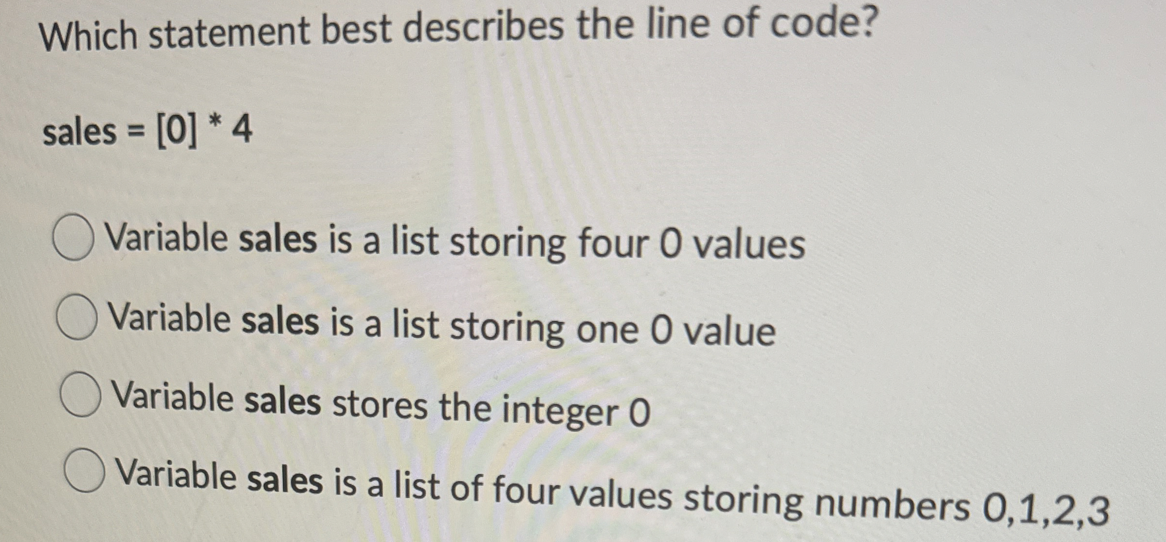 Which statement best describes the line of code?