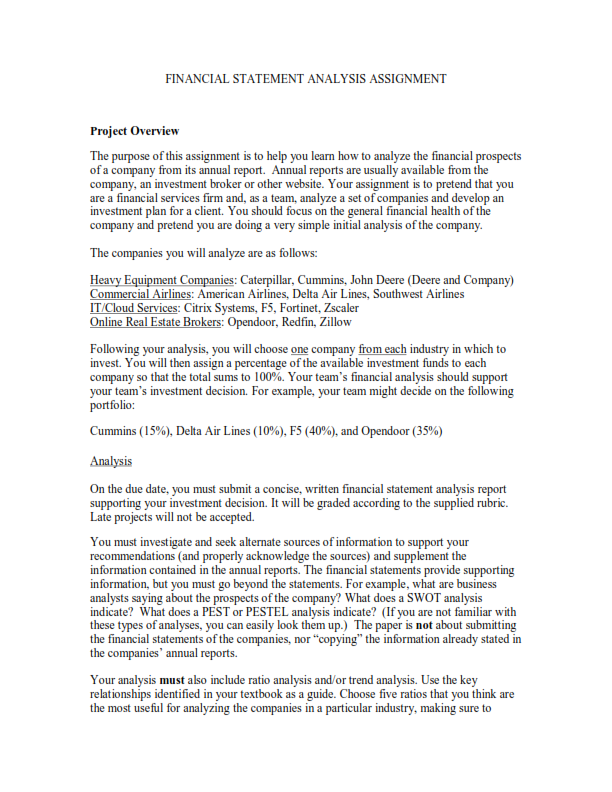 FINANCIAL STATEMENT ANALYSIS ASSIGNMENT Project