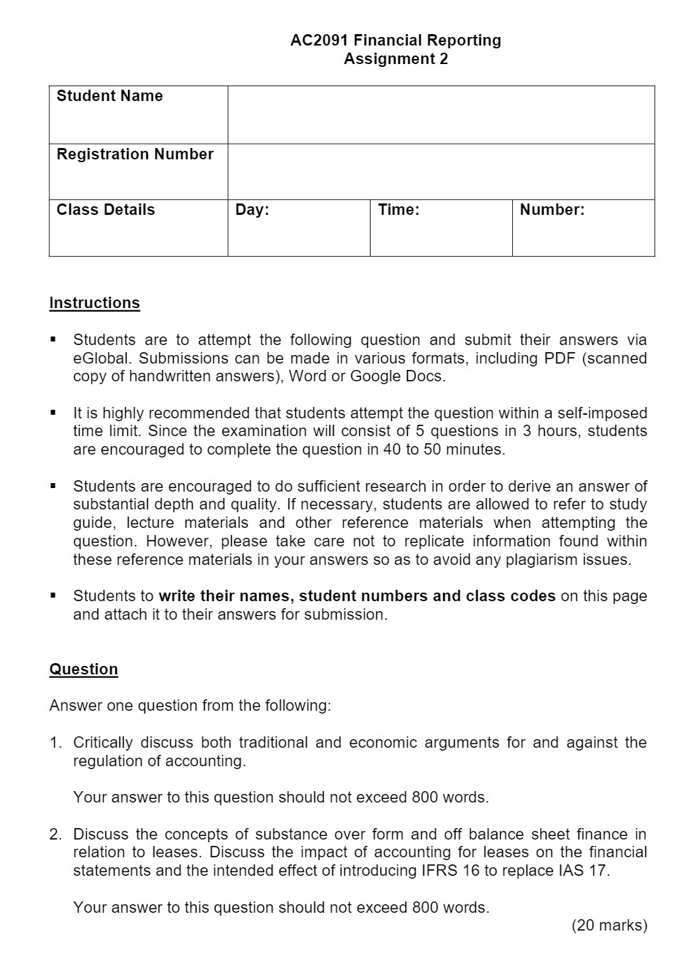 AC2091 Financial Reporting Assignment 2 Student