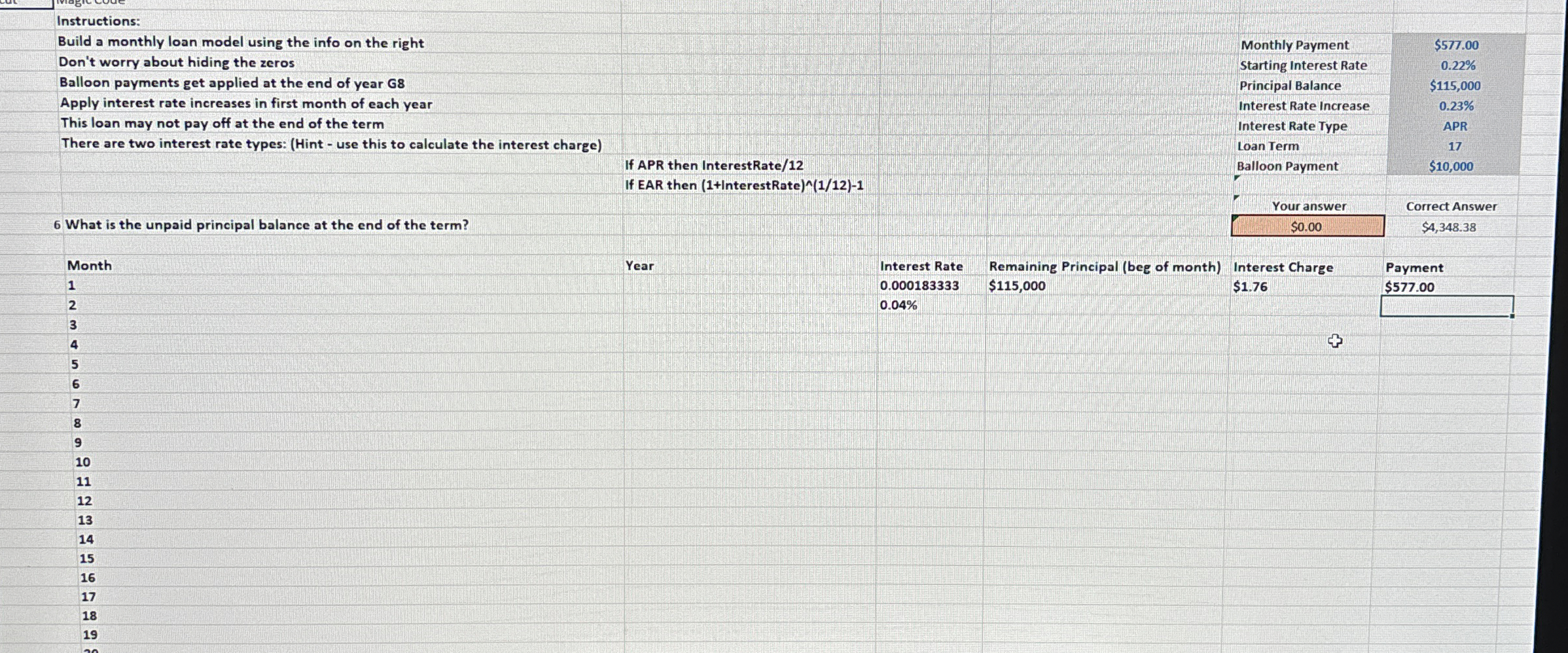 Instructions: Build a monthly loan model using
