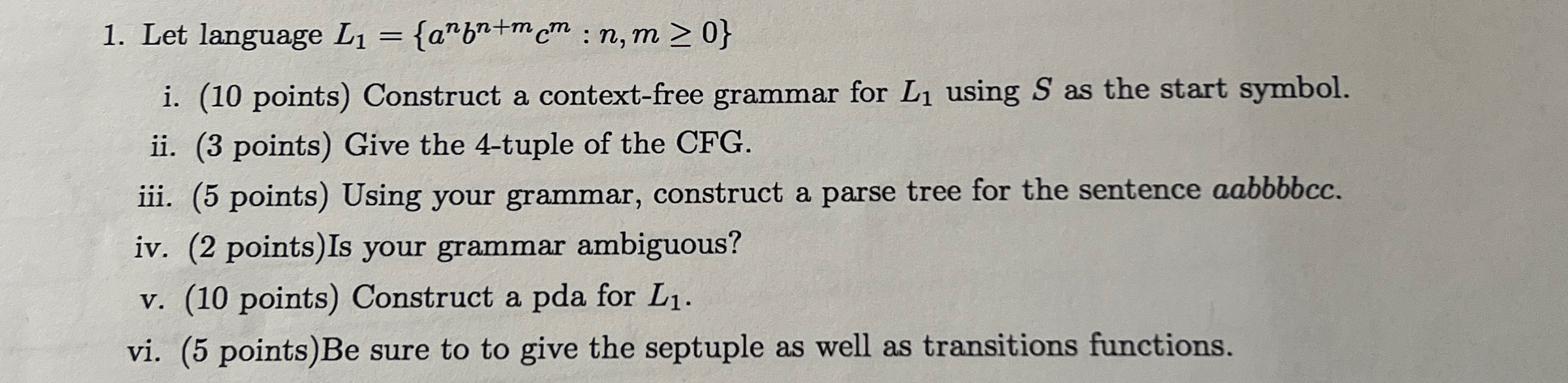 Let language L 1 = { a n b n + m c m : n , m 0 }