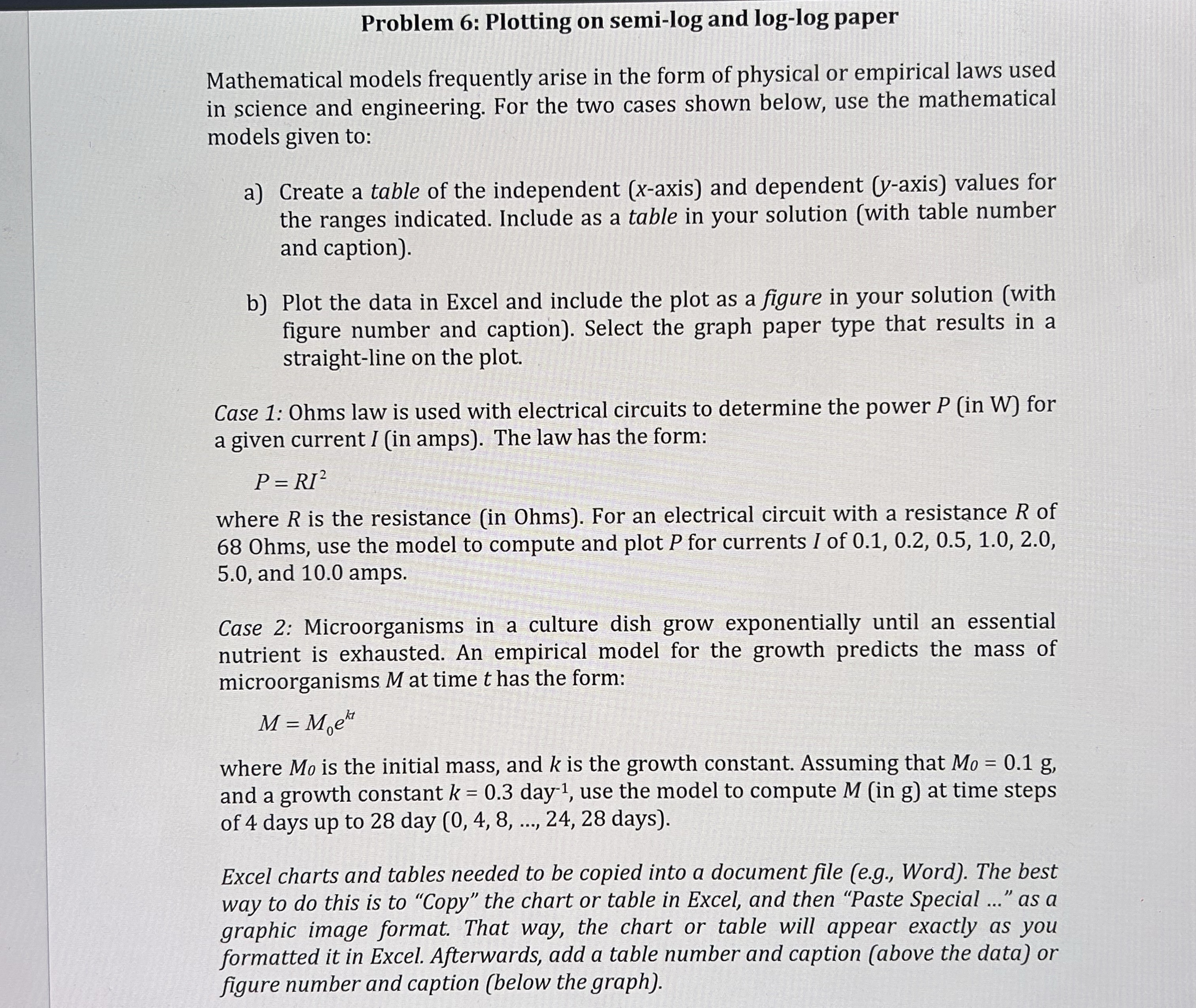 Problem 6 : Plotting on semi - log and log - log